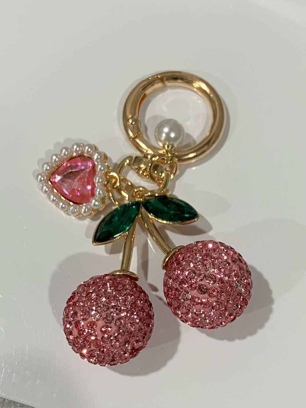 Gold Cherry Crystal Charm Keychain in pink